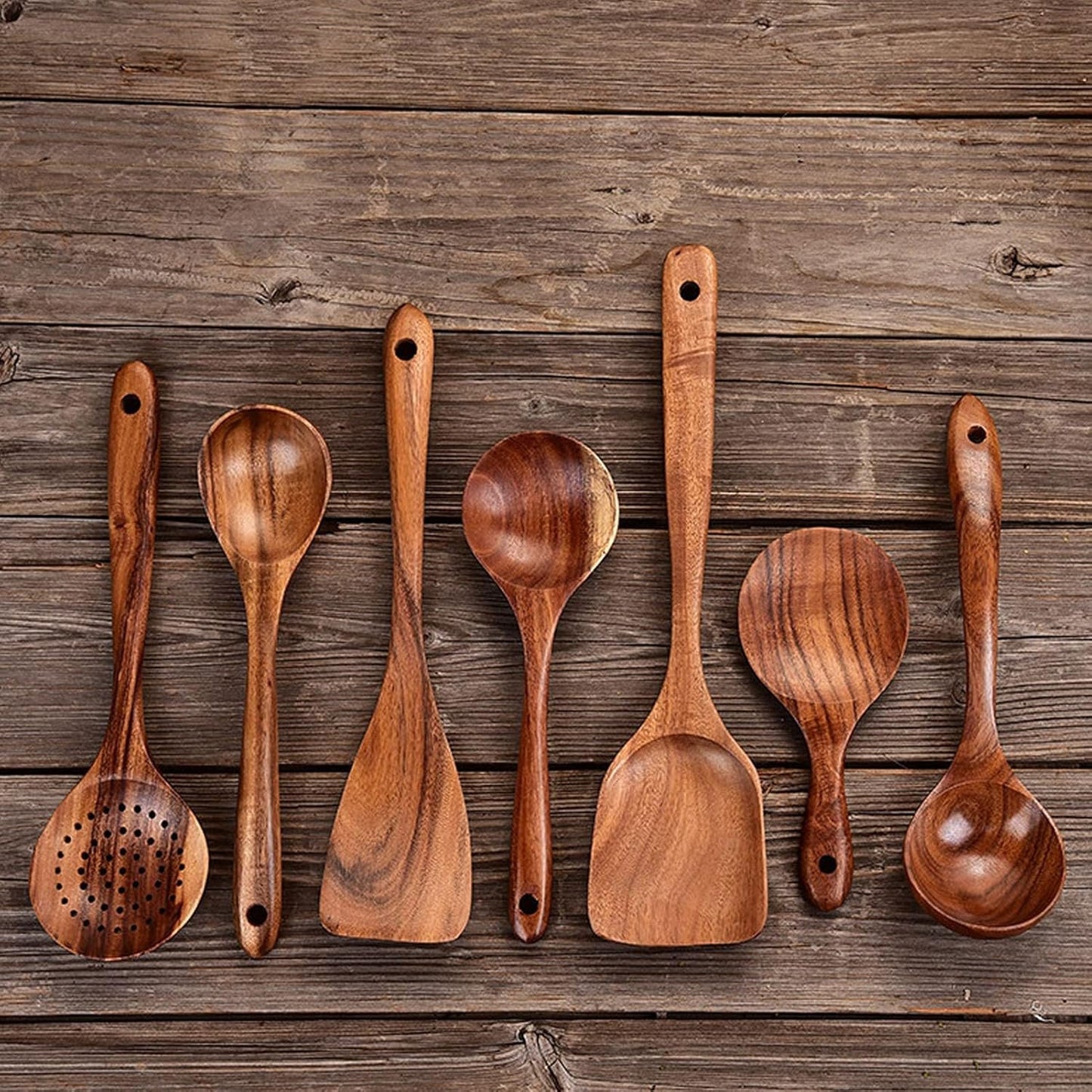 Yomiyuyr Wooden Spatula Spoon Set, Naturals Teak Wooden Cooking Utensils for Non Stick Pans, 7 Piece Set, eco friendlys Kitchen Tools with Hanging Hole