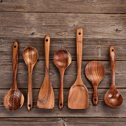 Yomiyuyr Wooden Spatula Spoon Set, Naturals Teak Wooden Cooking Utensils for Non Stick Pans, 7 Piece Set, eco friendlys Kitchen Tools with Hanging Hole