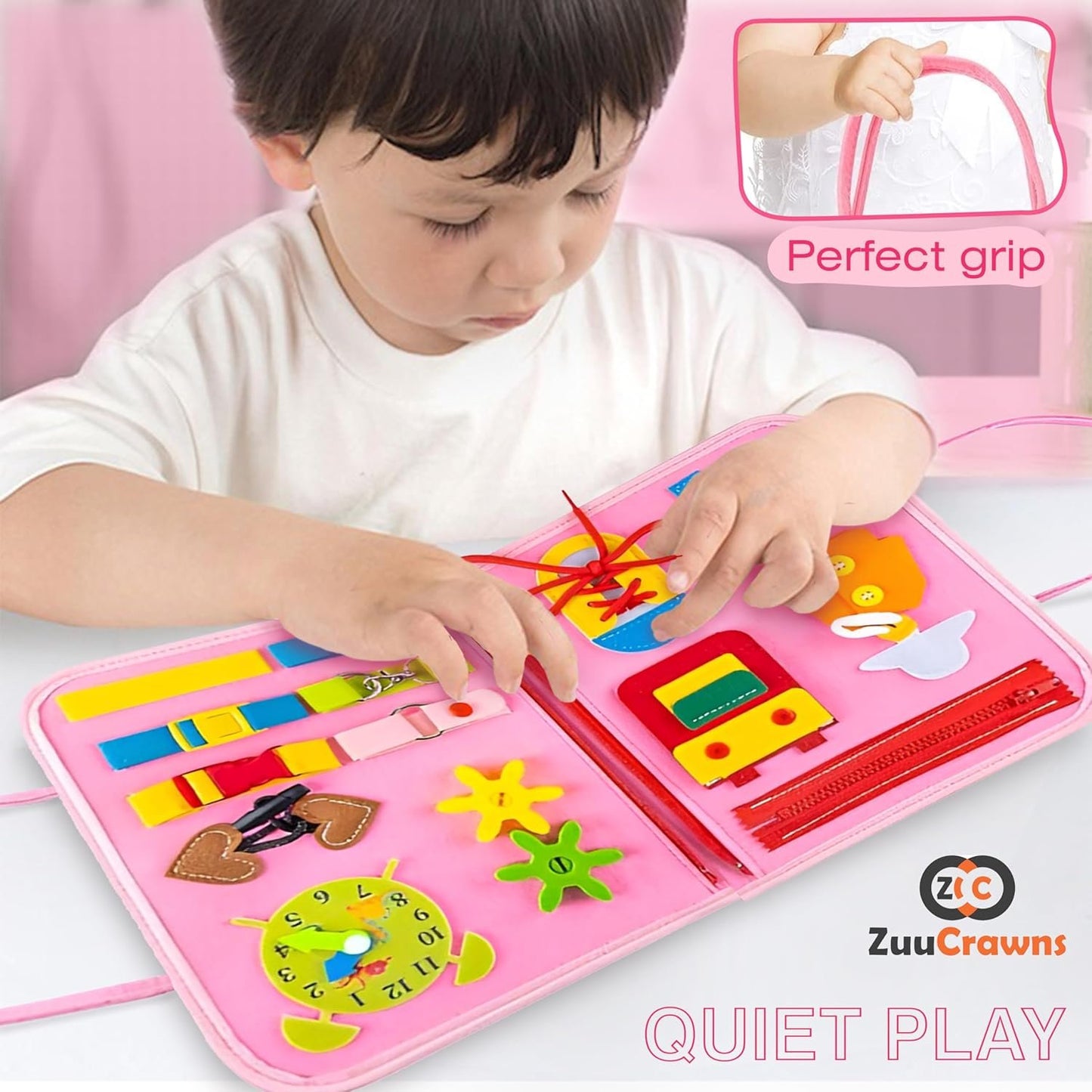 ZuuCrawns Montessori Busy Board Travel Toys for Toddlers 1-3 for Plane - Preschool Learning & Education Toys for 3 Year Old boy & Girl - Sensory Busy Book with Zipper & 3 Detachable Page