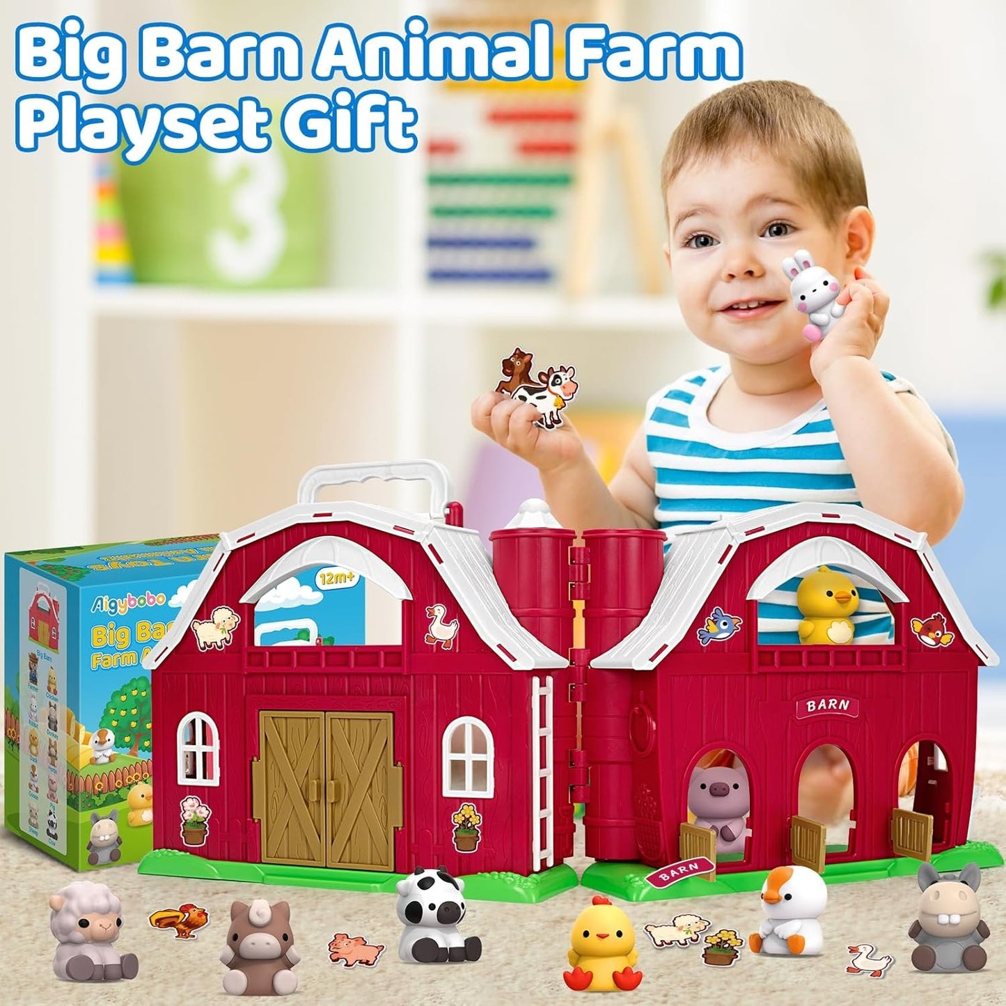 Aigybobo Farm Animals Big Barn Toys for 1 2 3 Year Old, Toddler Montessori Learning Toys, Farm Playset with Animal Figures, Christmas Birthday Toy for Toddler Baby Boys Girls Age 12-18 Months