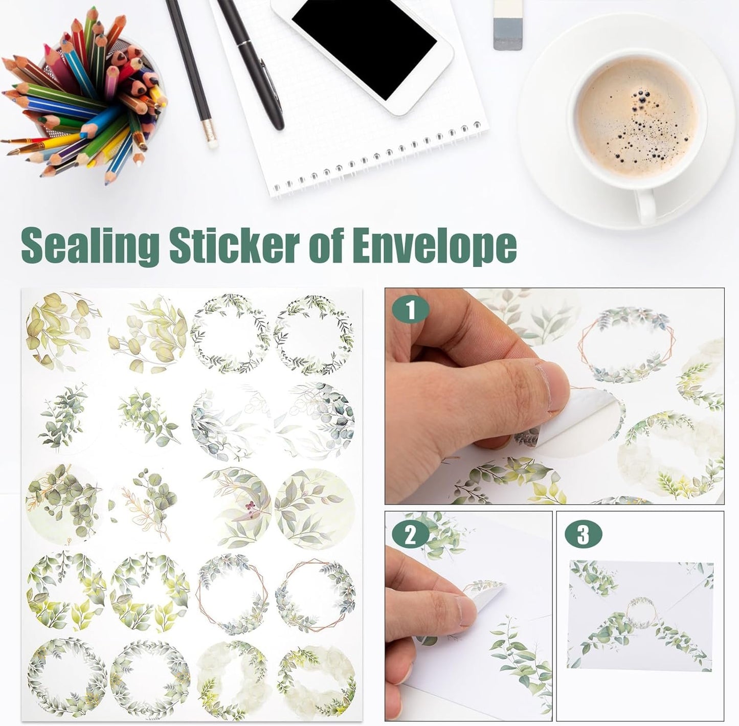 RAORAOYUE 160 Pcs Eucalyptus Stationery Paper Set, 50 Stationary Paper 50 Envelopes 60 Round Dot Sticker
