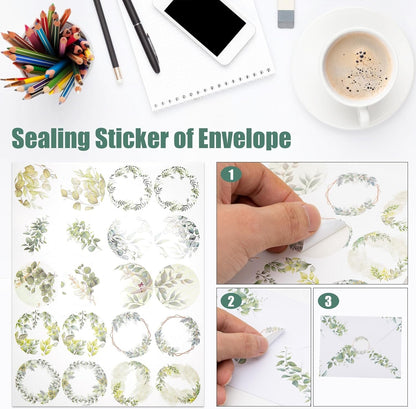 RAORAOYUE 160 Pcs Eucalyptus Stationery Paper Set, 50 Stationary Paper 50 Envelopes 60 Round Dot Sticker