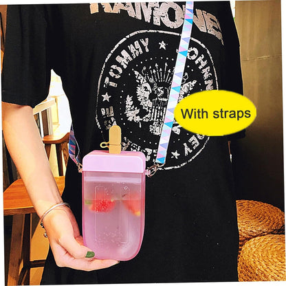 Water Bottles, Popsicle Water Bottle with Straw Cute Ice Cream Drink Bottle Leakproof Plastic juices Drinking Cup 300ml