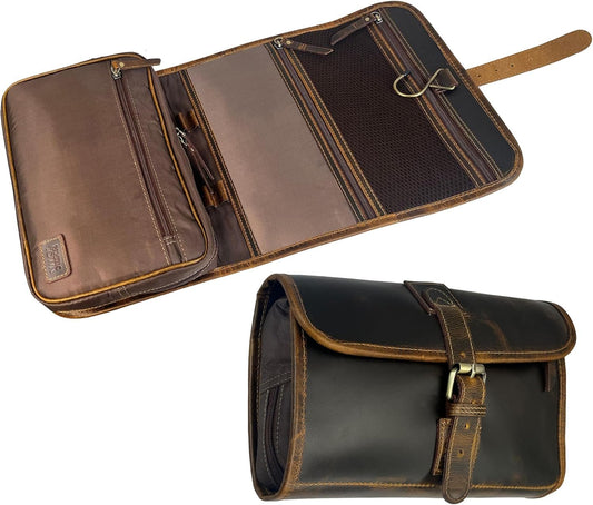 RUSTIC TOWN Leather Hanging Toiletry Bag for Men - Travel Shaving Dopp Kit - Bathroom Shower Toiletries Organizer - Leather Cosmetic Makeup Bag for Women, Brown, Large, Leather Toiletry Bag