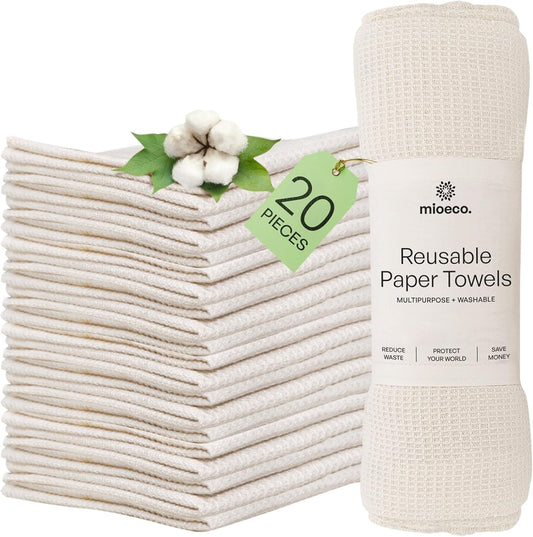 MioEco 20 Pack Reusable Paper Towels Washable - Nature Friendly Paper Towels - Organic Cotton Bamboo Alternative - Thick, Strong, Paperless Kitchen Dish Cloths - Reusable Napkins - Dish Towels