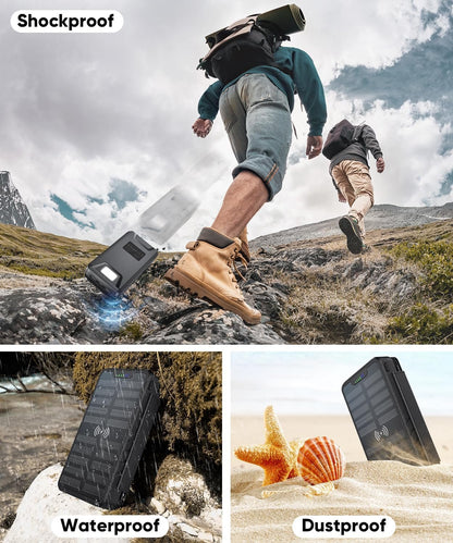 Solar-Charger-Power-Bank - 38800mAh with Dual 5V3.1A Outputs 10W Qi Wireless Charger Waterproof Built-in 4 Solar Panel and Bright Flashlights