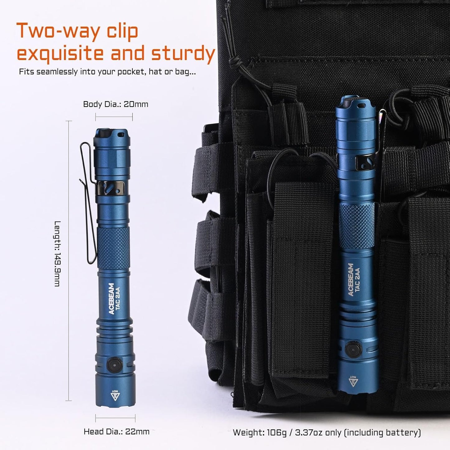 ACEBEAM TAC 2AA EDC Tactical Dual Modes Flashlight Rechargeable, 1400 High Lumens, Dual Switch Pocket LED Flashlight, Super Bright Small Flash Light for Emergency, Camping, Home(SFT-25 LED)