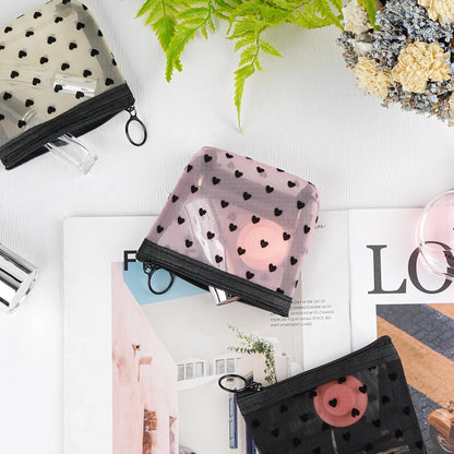 Adorila Mesh Makeup Bags, Heart Print Zipper Mesh Storage Pouch, Travel Cosmetic Accessories Organizer for Women, mini-set of 6