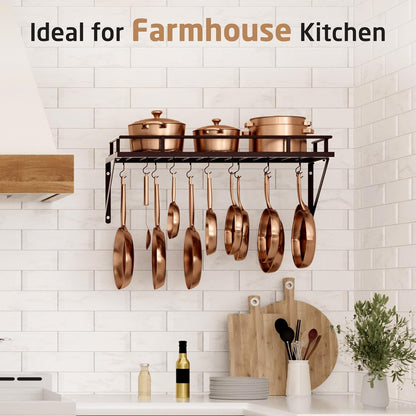 KES 30-Inch Oiled Bronze Pot Rack, Wall Mounted Hanging Pot and Pan Organizer with 12 Sturdy Hooks, Kitchen Wall Hanger Shelves Farmhouse Style, KUR215S75A-OB