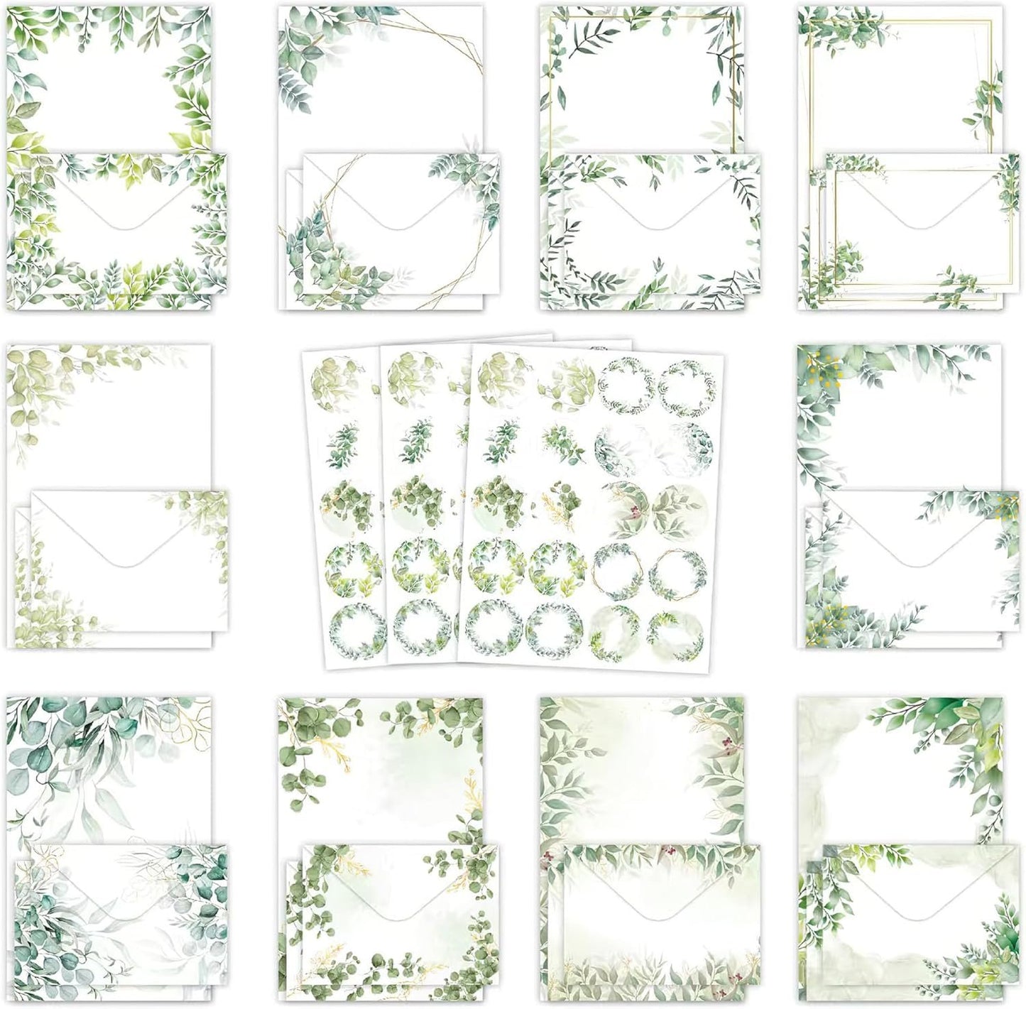 RAORAOYUE 160 Pcs Eucalyptus Stationery Paper Set, 50 Stationary Paper 50 Envelopes 60 Round Dot Sticker