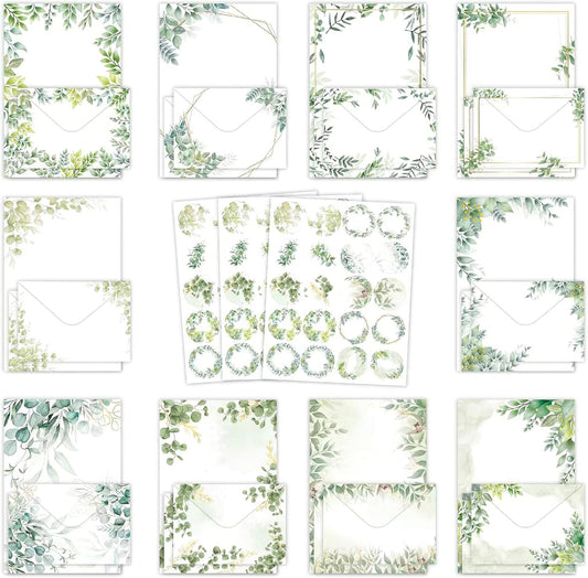 RAORAOYUE 160 Pcs Eucalyptus Stationery Paper Set, 50 Stationary Paper 50 Envelopes 60 Round Dot Sticker