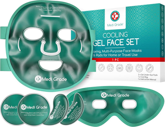 Medi Grade Cooling Ice Face Mask and Eye Mask for Puffy Eyes, Hangovers & Migraine Relief – Self Care Pack with ChillGel Technology – Includes Cooling Eye Pads and Storage Bag