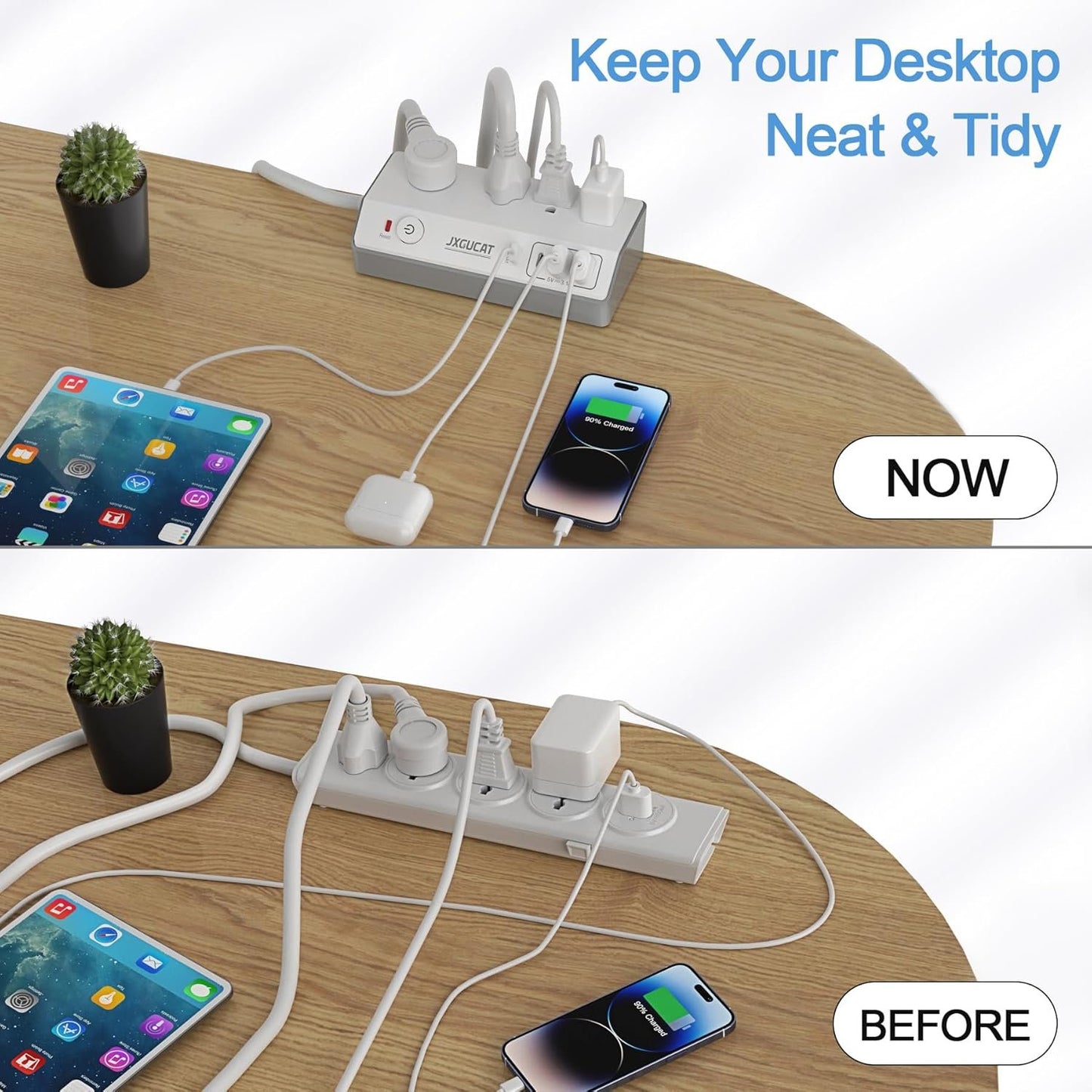 PD 20W USB C Desk Clamp Power Bar, JXGUCAT Removable Fast Charging Desktop Edge Power Strip Surge Protector, 10ft Extension Cord Flat Plug with 4 Outlet 4 USB Ports, Fit 1.8" Tabletop Edge