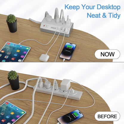 PD 20W USB C Desk Clamp Power Bar, JXGUCAT Removable Fast Charging Desktop Edge Power Strip Surge Protector, 10ft Extension Cord Flat Plug with 4 Outlet 4 USB Ports, Fit 1.8" Tabletop Edge