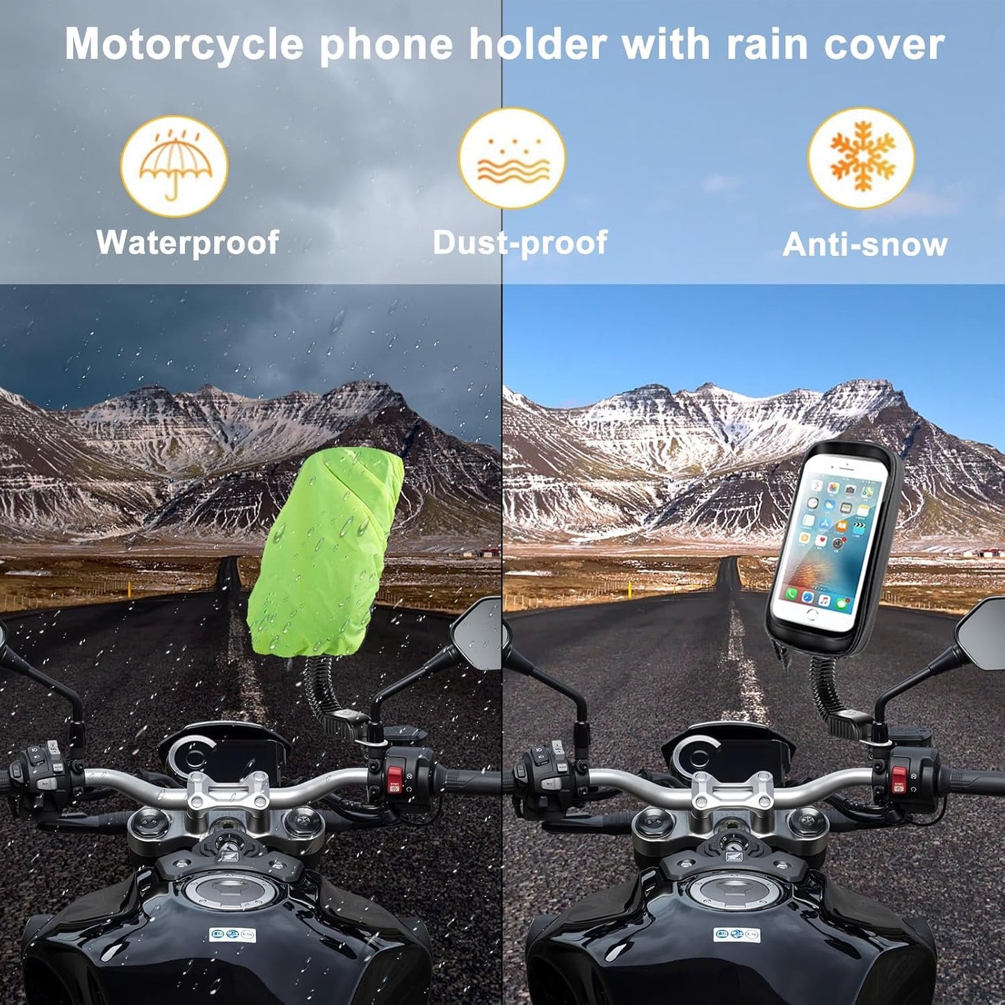 ENOENO Motorcycle Smartphone Holder Waterproof 360 Degrees Mobile Phone Holder for Motorcycle with Rain Cover for Mobile Phone Holder Motorcycle Rearview Mirror Up to 6.7 Inches