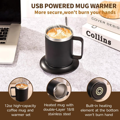 Self-Heating Coffee Mug - 12oz USB Electric Heated Mug with Temperature Control & 10H Auto Shut Off, Smart Warming Travel Mug for Hot Tea/Coffee, for Office/Home (Black)