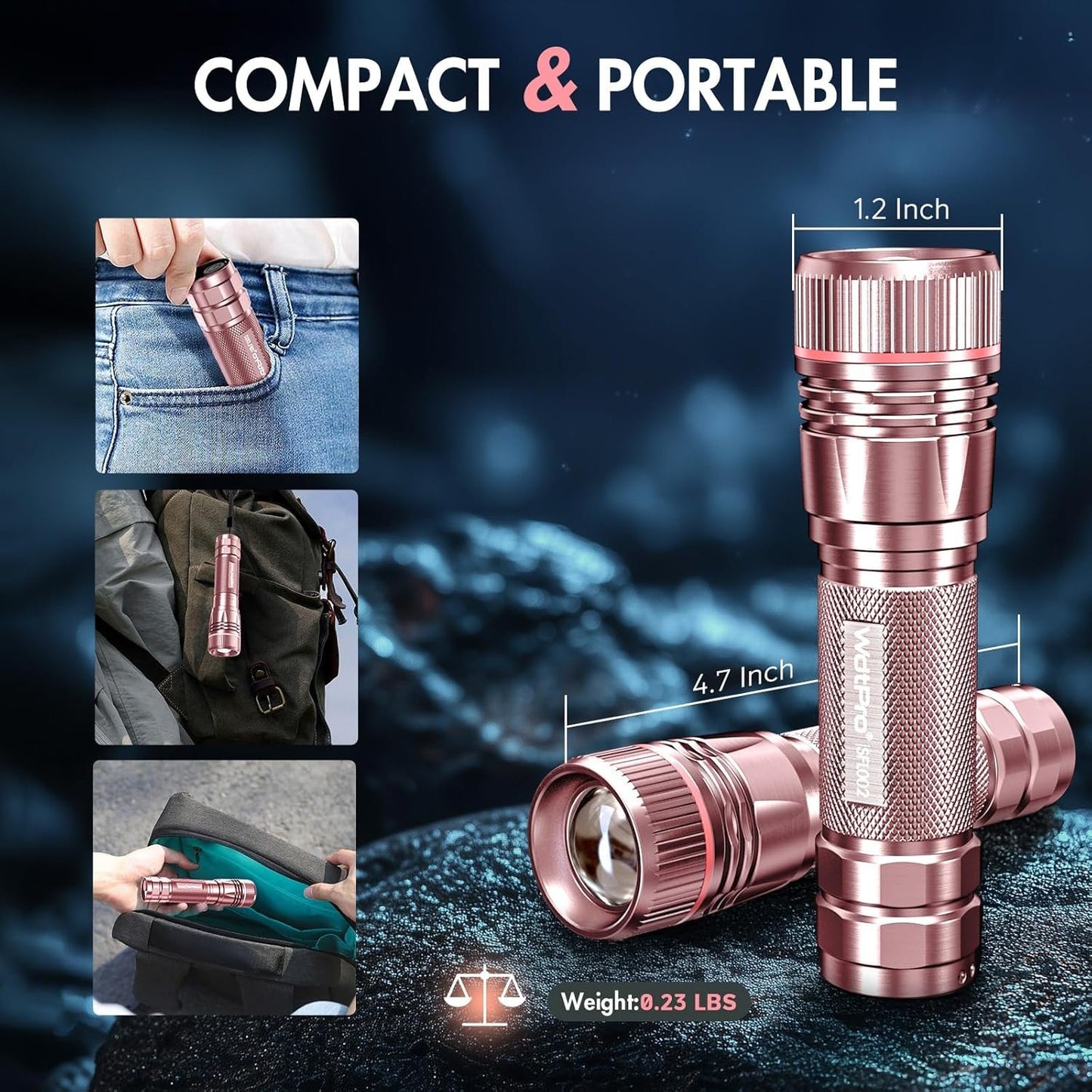WdtPro Rechargeable Flashlights 1 Pack LED Flashlight with 3 Lighting Modes Portable Tactical Flashlight Pink
