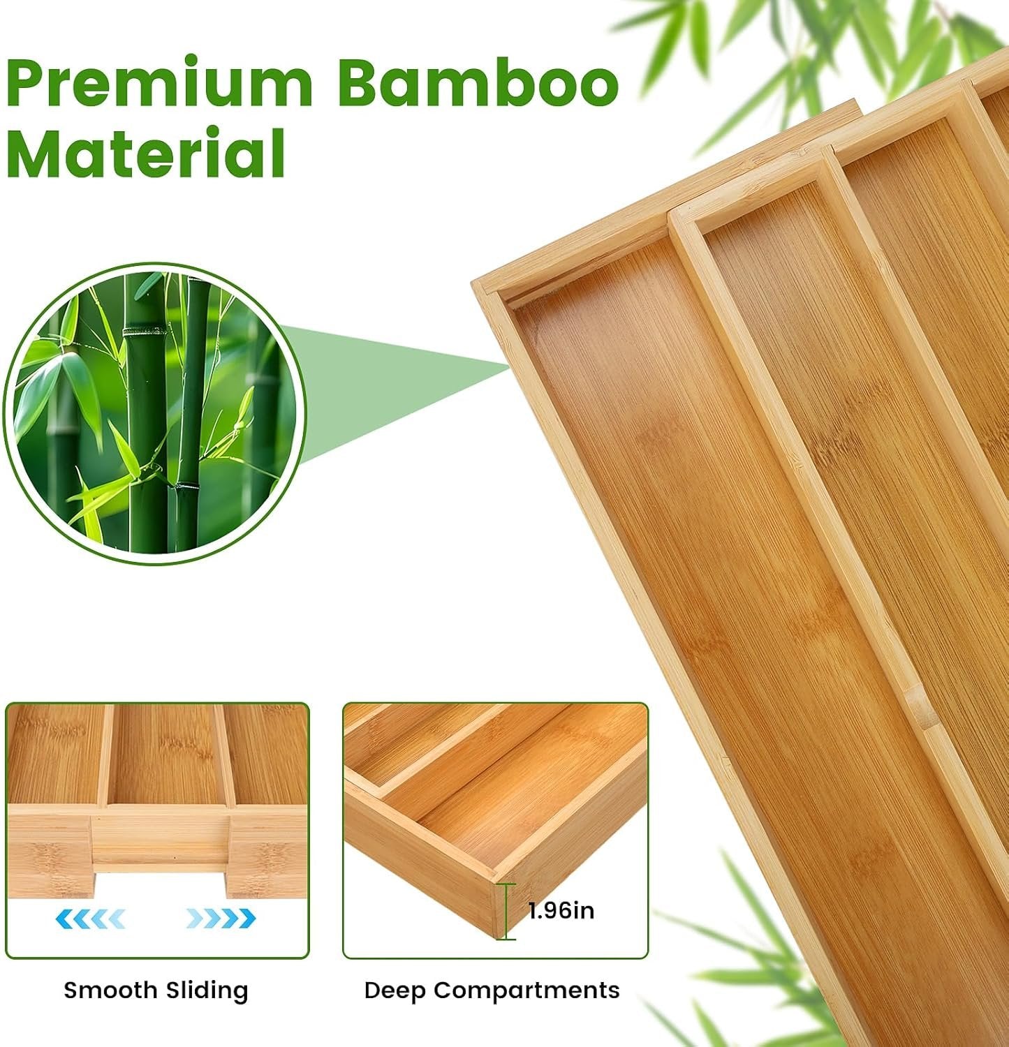 Expandable Cutlery Organizer, 7-9 Slot Bamboo Utensil Drawer Organizer with 2 Removable Knife Blocks, Adjustable Wooden Cutlery Tray Holder Kitchen Drawer Organizer for Silverware, Flatware