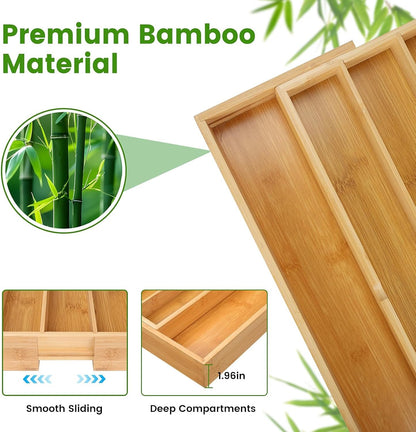 Expandable Cutlery Organizer, 7-9 Slot Bamboo Utensil Drawer Organizer with 2 Removable Knife Blocks, Adjustable Wooden Cutlery Tray Holder Kitchen Drawer Organizer for Silverware, Flatware