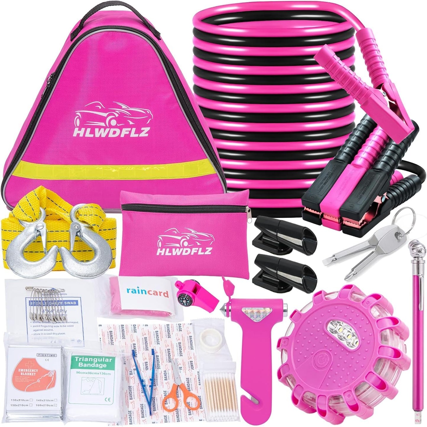 HLWDFLZ Pink Car Emergency Kit, Jumper Cable, Tow Rope, LED Road Flare, Deer Whistles & More Women's Safety Tools