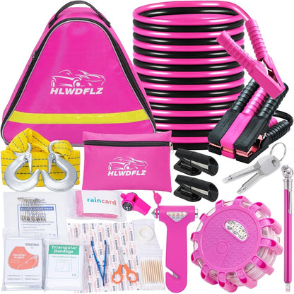 HLWDFLZ Pink Car Emergency Kit, Jumper Cable, Tow Rope, LED Road Flare, Deer Whistles & More Women's Safety Tools