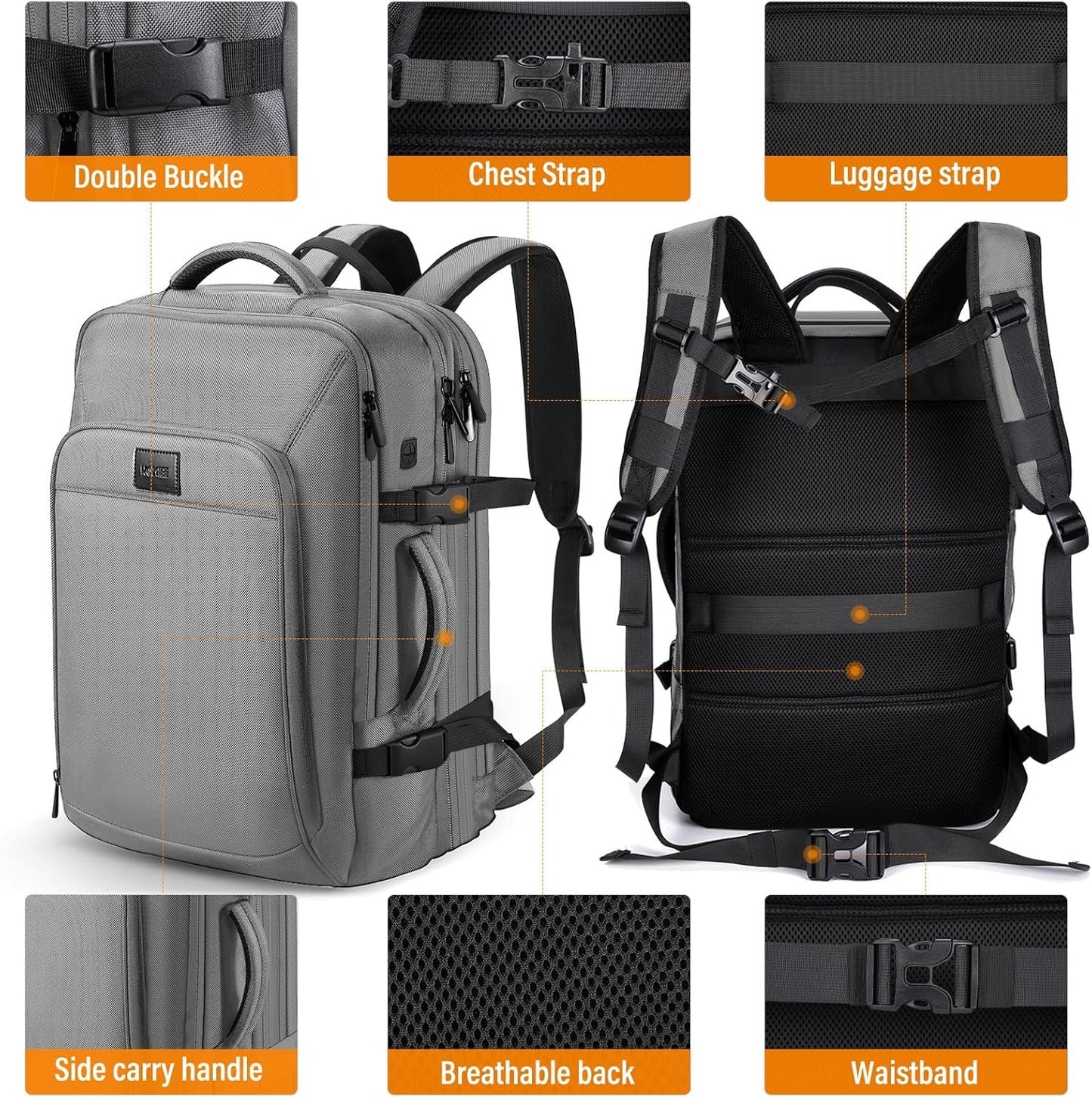 HOMIEE 50L Expandable Travel Laptop Backpack, Flight Approved Carry-On Luggage Backpack, 17.3 Inch Water Resistant Backpack (Grey)