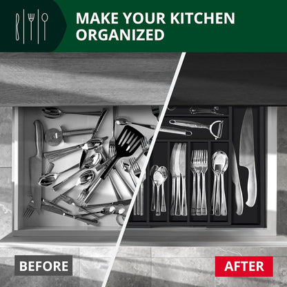Bamboo Kitchen Drawer Organizer - Expandable Silverware Organizer/Utensil Holder and Cutlery Tray with Grooved Drawer Dividers for Flatware and Kitchen Utensils (Black, 9 Slots)