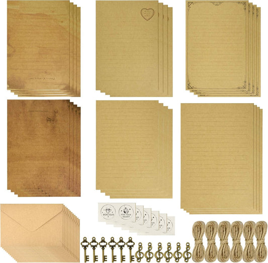 Dxhycc 6 Set Vintage Stationary Paper and Envelopes Set, 24 Sheets of Vintage Letter Papers, 12 Envelopes, 12 Hemp Ropes, 12 Retro Keys, 12 Sealing Stickers