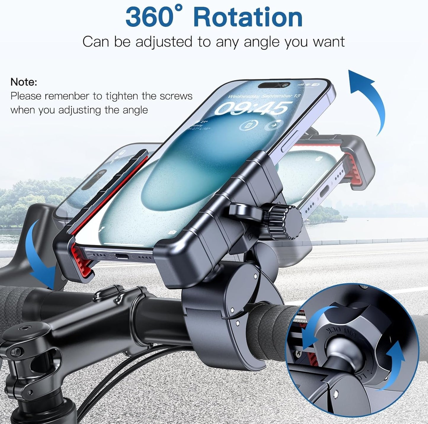 Uniwit Bike Phone Mount Holder-[1s Lock][Camera Friendly] Motorcycle Phone Holder Handlebar Clamp for Stroller Scooter Bicycle, 360°Rotate Phone Mount for iPhone & Other 4.5-7 Inches Smartphone.