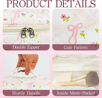 AMZMA Makeup Bag Travel Cosmetic Bag, 3 PCS Quilted Make Up Bags for Women Makeup Organizer Case, Coquette Makeup Pouch Travel Essentials Toiletries Accessories