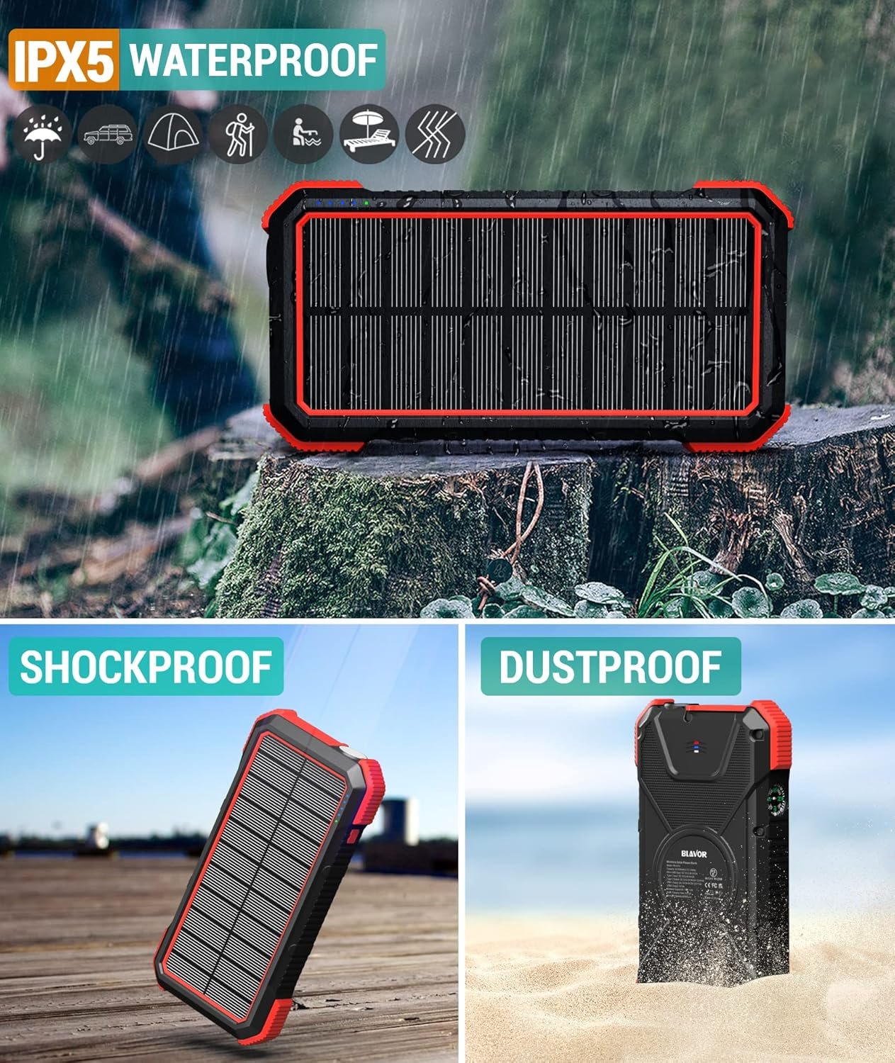 BLAVOR Solar Power Bank, PD 18W QC3.0 Fast Charging 10W Wireless Charger 20000mAh Solar Powered Powerbank with Type C Input/Output, IPX5 Waterproof, Camping Flashlight, Compass, Carabiner (Red)