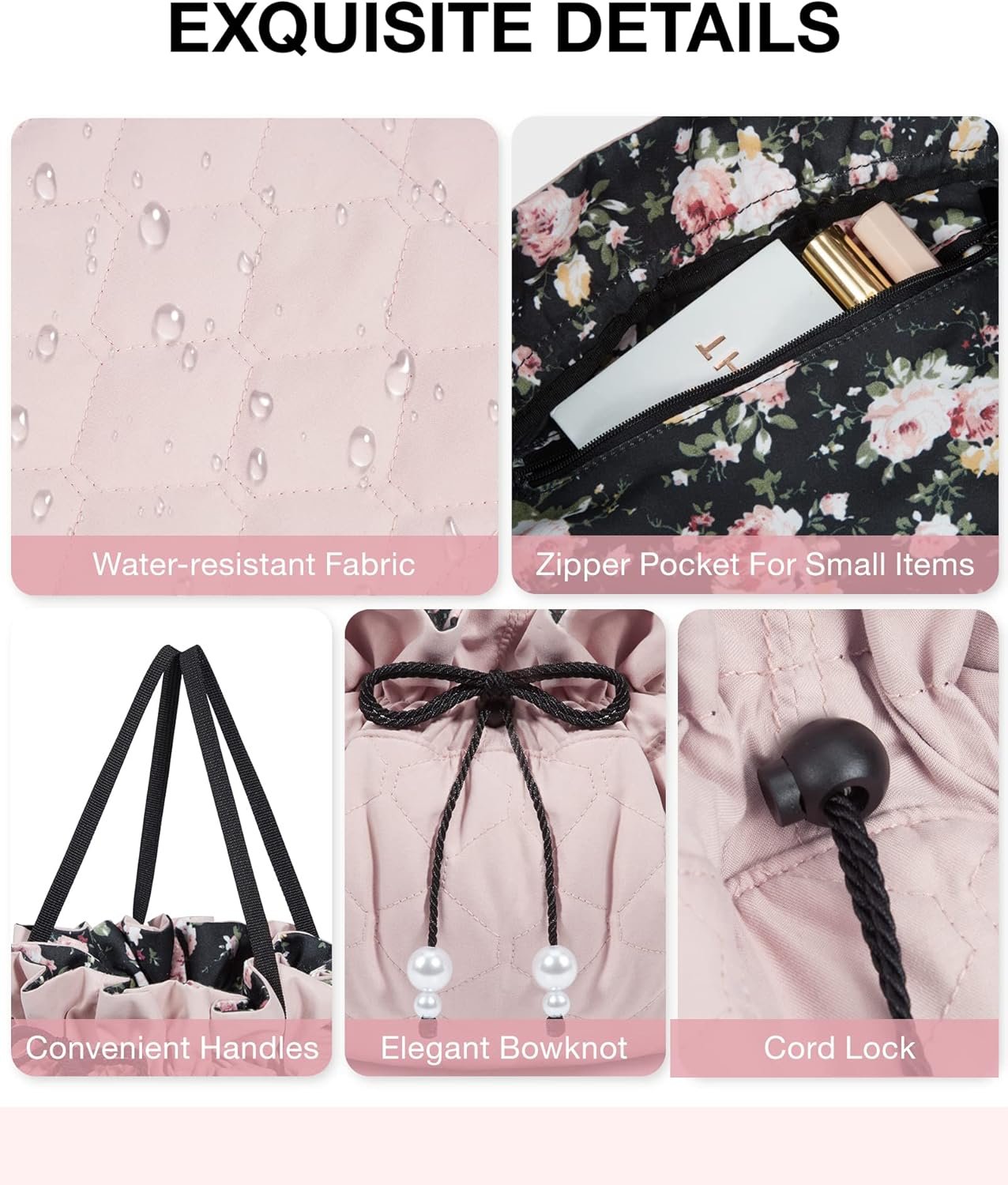 BAGSMART Drawstring Makeup Bag, Cosmetic Bag Travel Makeup Organizer Case with Clear Pouch Set, Portable Make Up Bags for Women Toiletries Accessories Brush,Pink,Large