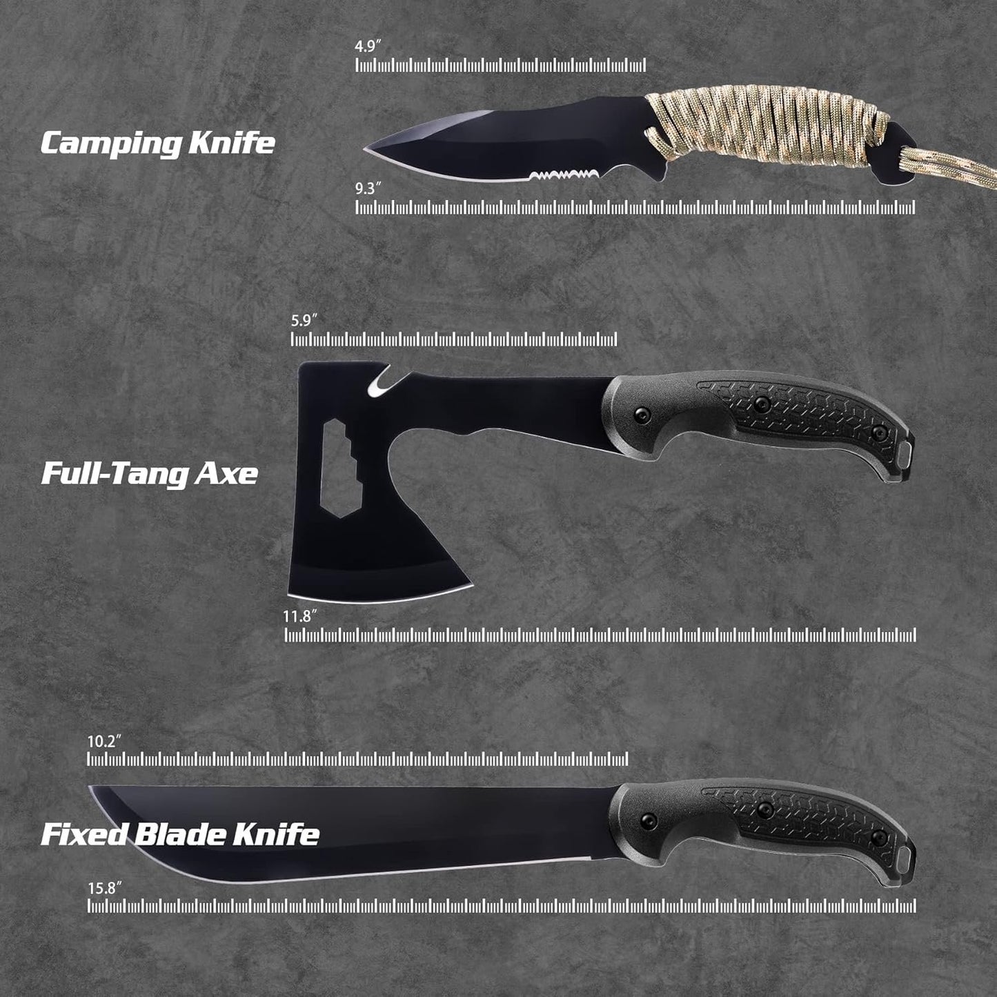 KNINE OUTDOORS Survival Shovel with Axe Set, Fixed Blade Knife, Camping Knife with Rope Handle, Folding Saw, Knife Sheathes, Hunting Knife Set of 9