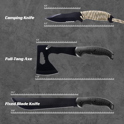 KNINE OUTDOORS Survival Shovel with Axe Set, Fixed Blade Knife, Camping Knife with Rope Handle, Folding Saw, Knife Sheathes, Hunting Knife Set of 9