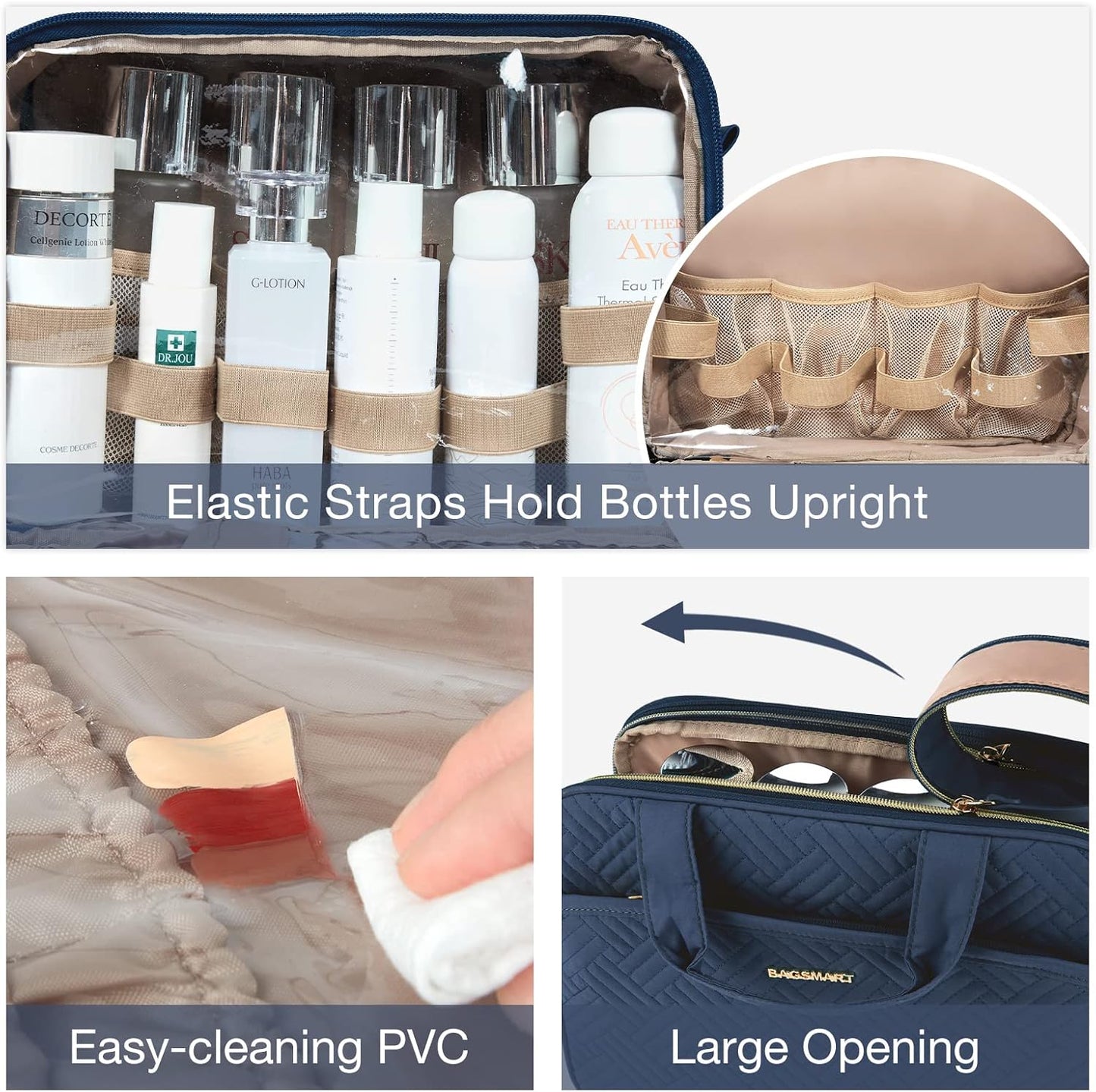 BAGSMART Large Toiletry Bag, Travel Makeup Organizer Water-resistant Makeup Cosmetic Bag Travel Bag for Accessories, Shampoo, Full Sized Container, Toiletries (Navy Blue, Large)