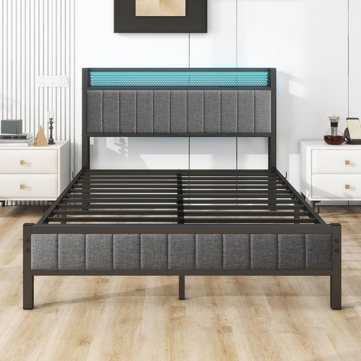VERFARM Double Bed Frame with LED Lights Storage Headboard and USB Charging Station,Metal Upholstered Platform Bed Frame Double with Storage No Box Spring Needed,Strong Steel Slats,Noise Free,Grey