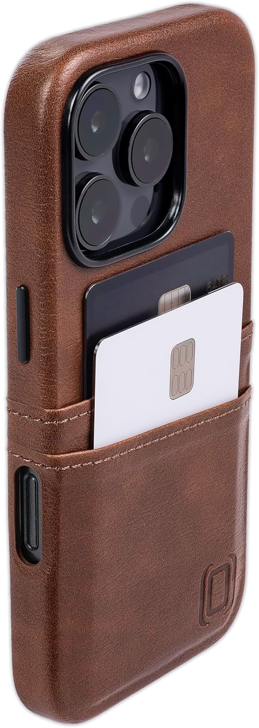 Dockem Card Case for iPhone 16 Pro with Built-in Metal Plate for Magnetic Mounting & 2 Card Holder Pockets: M2 Exec Premium Synthetic Leather Wallet Case (Brown)