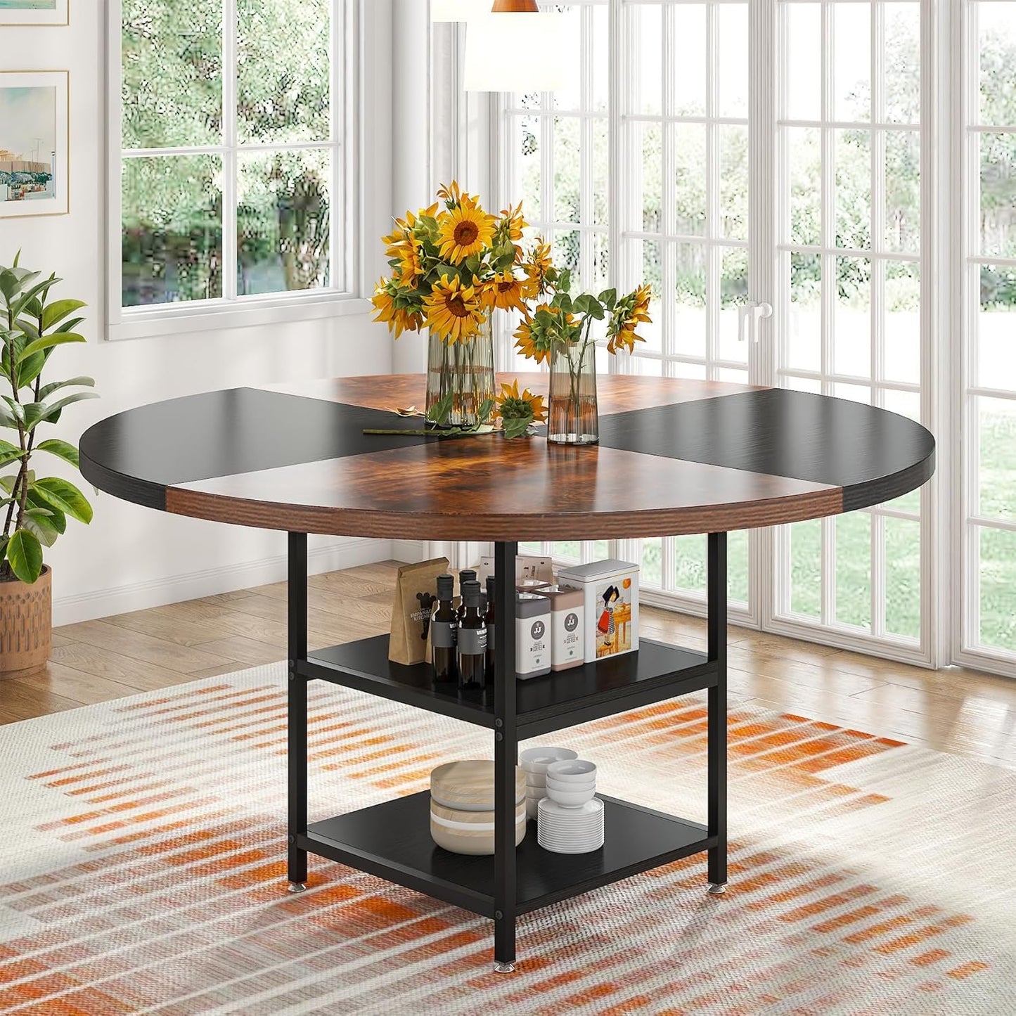 Tribesigns 47 inch Round Dining Table for 4, Wood Kitchen Table Large Dinner Table with Storage Shelf Metal Legs for Home Dining Room Living Room, Black Rustic Brown