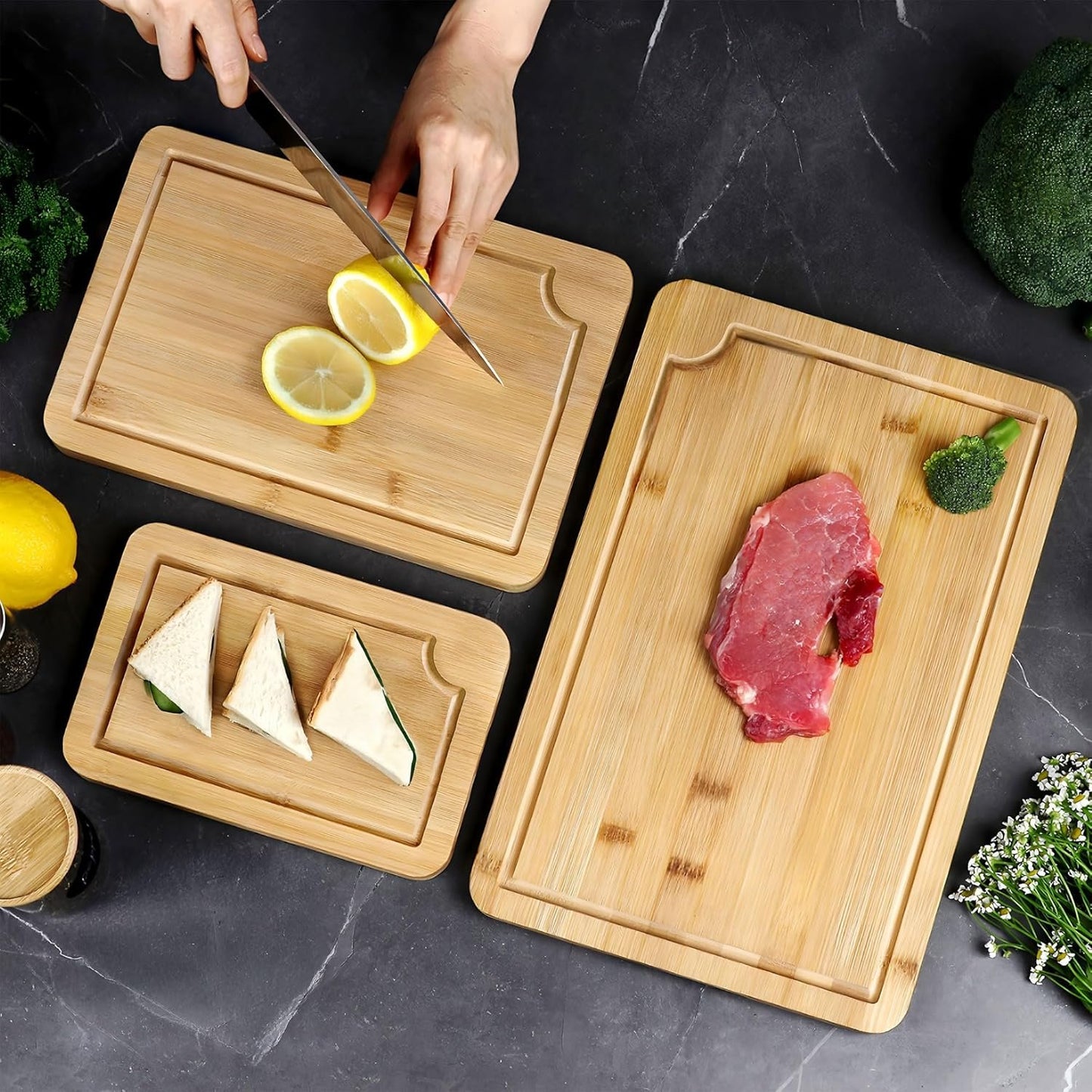 Alijoy Bamboo Cutting Board Set with Holder – Wooden Cutting Boards for Kitchen Set of 3, Chopping Board Set with Juice Groove – Kitchen Accessories for Home