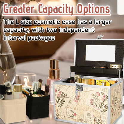 VNIMTI Portable Makeup Box, Vanity Case with Mirror, Cosmetic Storage Box with Trays, Makeup Box Organiser for Vanity, Travel Makeup Train Case (Retro Stamp - L)