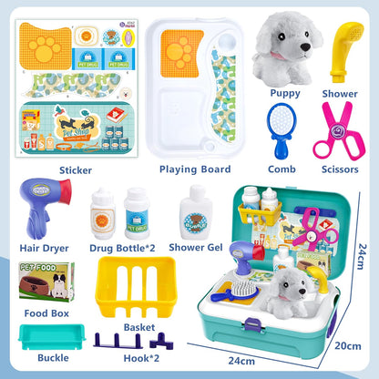 HERSITY Vet Toy Pet Care Kit Role Play Set Grooming Feeding Dog Animal Games Backpack Educational Toy for Kids 3 4 5 Years Old Girls Boys