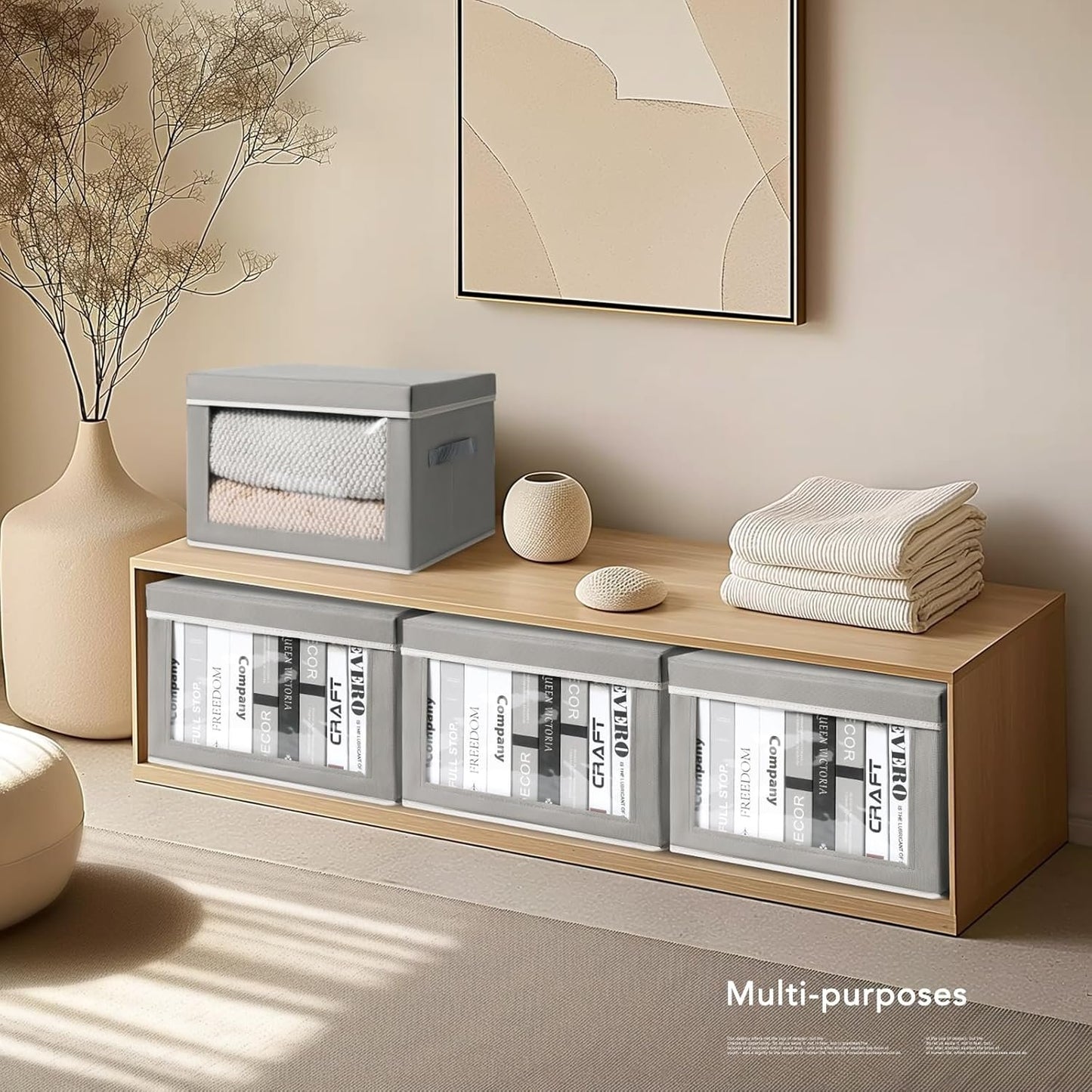 DIMJ 4Pcs Storage Bins with Lid, Collapsible Storage Box with Portable Handle and Transparent Viewing Window,Foldable Storage Box Stackable Storage Containers for Clothes Books Light-Grey