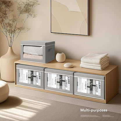 DIMJ 4Pcs Storage Bins with Lid, Collapsible Storage Box with Portable Handle and Transparent Viewing Window,Foldable Storage Box Stackable Storage Containers for Clothes Books Light-Grey