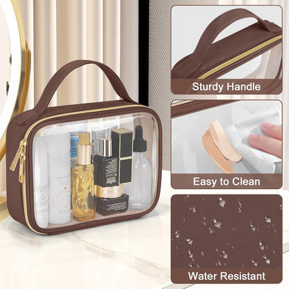 TSA Approved Toiletry Bag, Clear Makeup Bags with Handles, Quart Size PVC Clear Cosmetic Bags for Women and Men, Carry on Airport Airline Compliant Bag, Brown