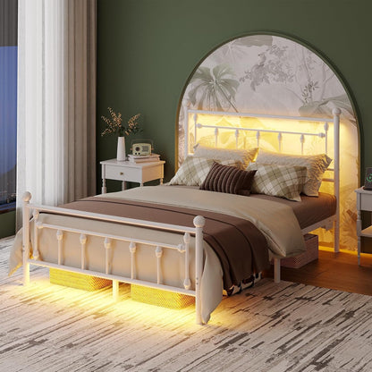 Bed Frame Full Size with Charging Station, LED Bed Frame with Victorian Style Headboard, Under-Bed Storage, No Box Spring Needed, Easy Assembly, White
