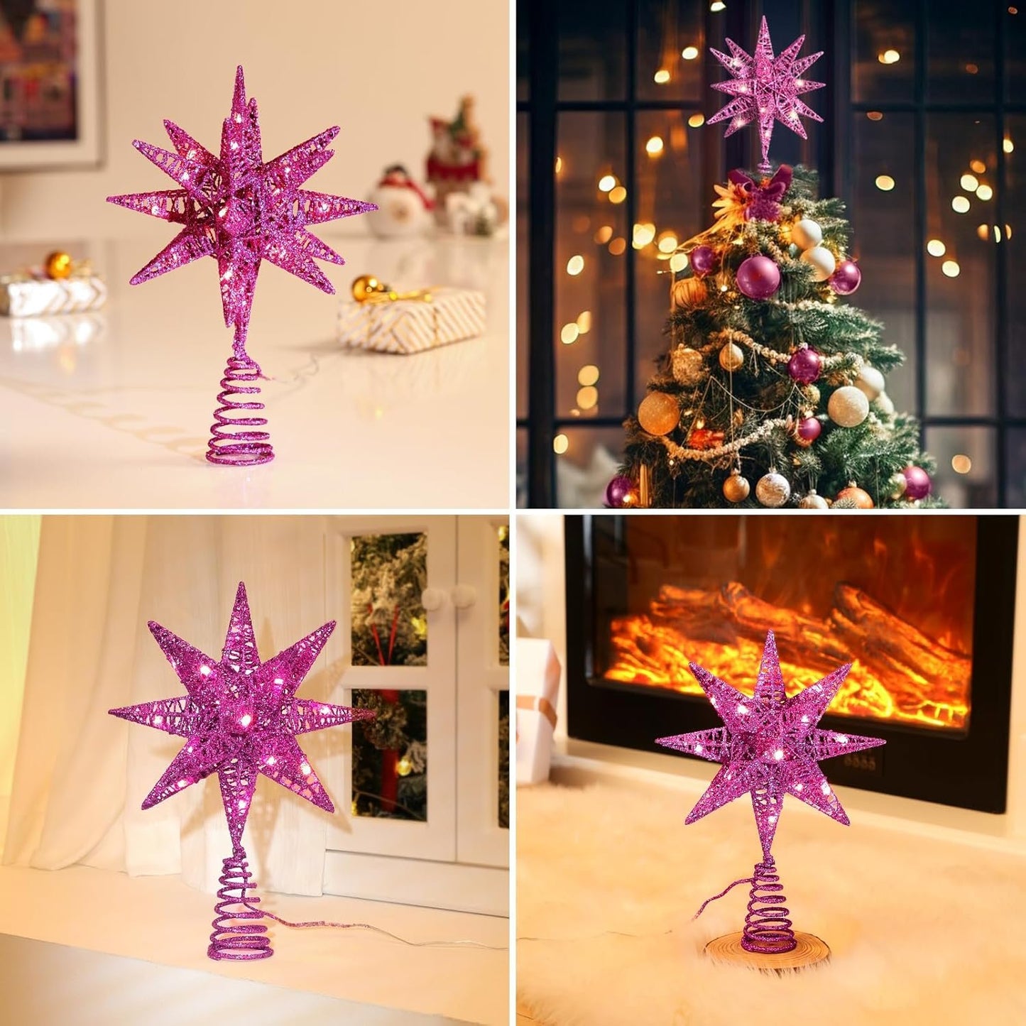Lewondr USB Powered Christmas Tree Topper with Remote Control and Timer Function, Christmas Decoration with LED Light 3D Star Shape, Home Decoration, Christmas Items, Purple