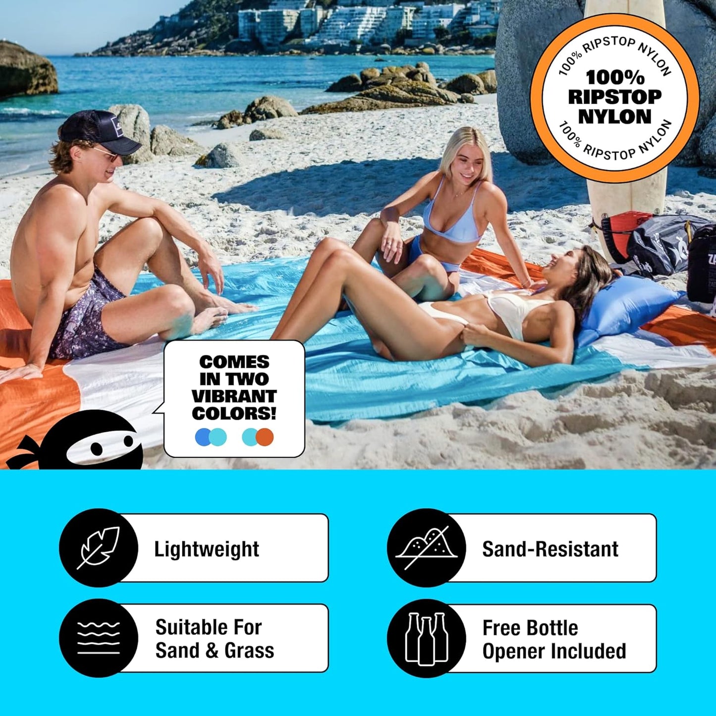 SUN NINJA Sand Free Beach Blanket - Outdoor Blanket, Beach Mat & Accessories - 10ft X 9ft Lightweight Blanket with Storage, Bottle Opener, Carabiner, Shoulder Strap, Corner Sand Pockets & 4 Stakes