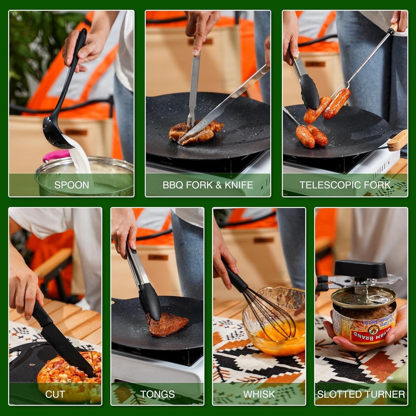 Wesqunie Camping Cooking Cookware Kitchen Set - Camp Accessories Cook Utensils Kit, Camping Essentials BBQ Silicone Mess Kit for Backpacking Gear, Camping Must Haves Equipment