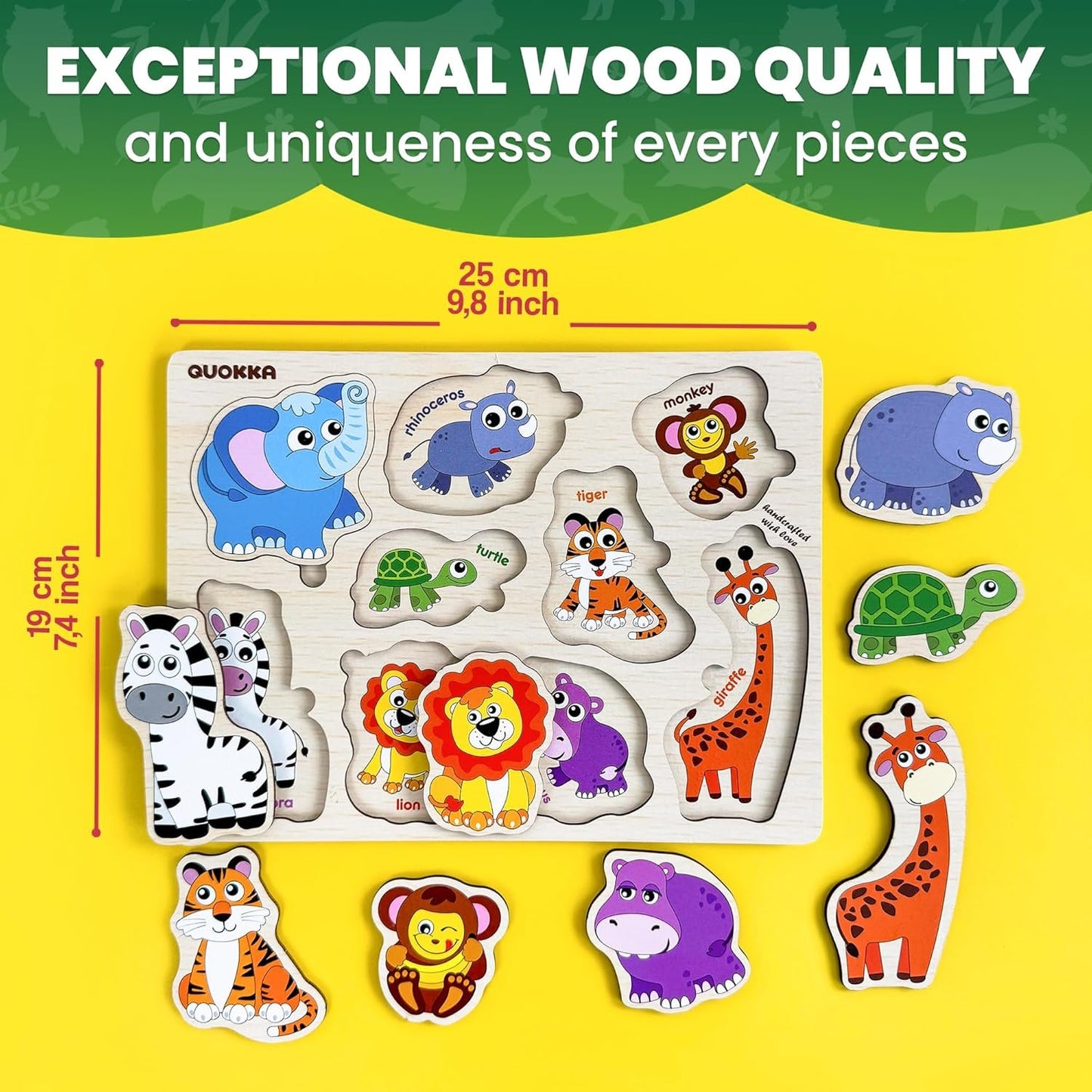 QUOKKA Wooden Puzzle for Toddlers 1-3 – Pegged Puzzle for Kids Ages 3-5 – Animal Safari Learning Toy – Realistic Educational Game for Boys & Girls