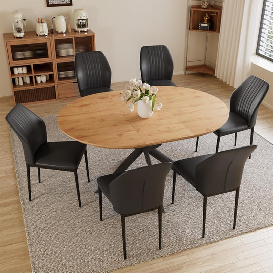 43.2"-59.1" Extendable Dining Table Set with Metal Legs, Wooden Round Kitchen Table for 4-6 Person, Oak Coffee Table w/Easy-Clean Tabletop